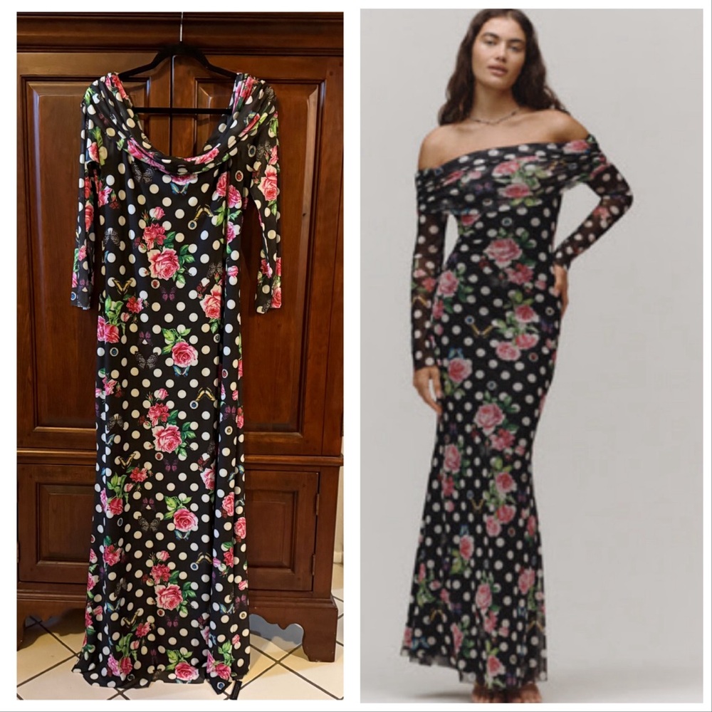 A firm Floral Print Mesh Off the Shoulder Maxi Dress Size 2X